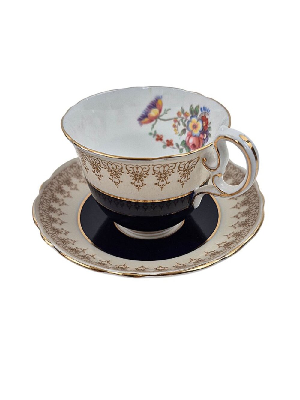 Aynsley Tea Cup Saucer Set Cobalt Blue Floral Bone China England Vintage 3 oz - Picture 8 of 10